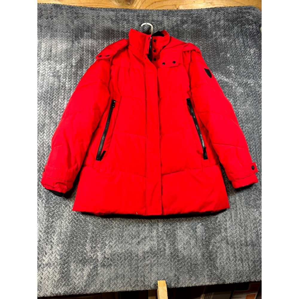 Vince Camuto Puffer Jacket Womens Large Red Down Hooded Softshell Logo Mock Neck